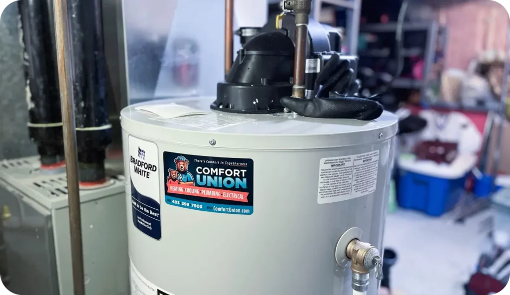 Bradford White hot water tank installed by Comfort Union to illustrate installation cost