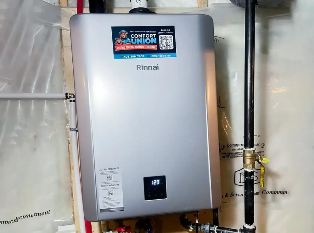 Detailed view of Rinnai tankless water heater installation completed by Comfort Union
