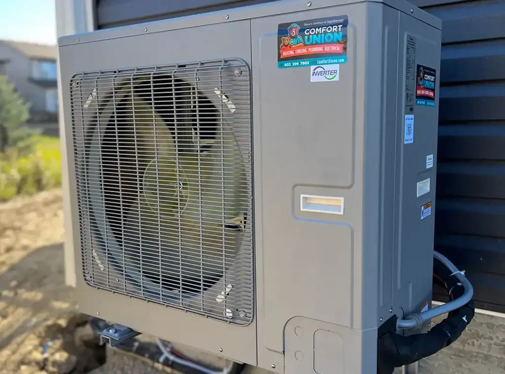 Close-up of a residential heat pump installed by Comfort Union in Calgary