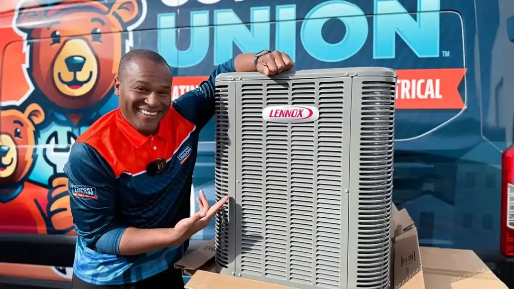 Lennox air conditioner presented by Comfort Union team promoting expert AC installation in Calgary