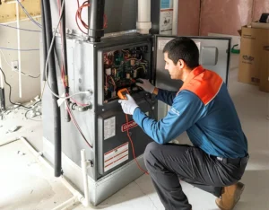 Comfort Union technician repairing a Goodman gas furnace inside a Calgary home