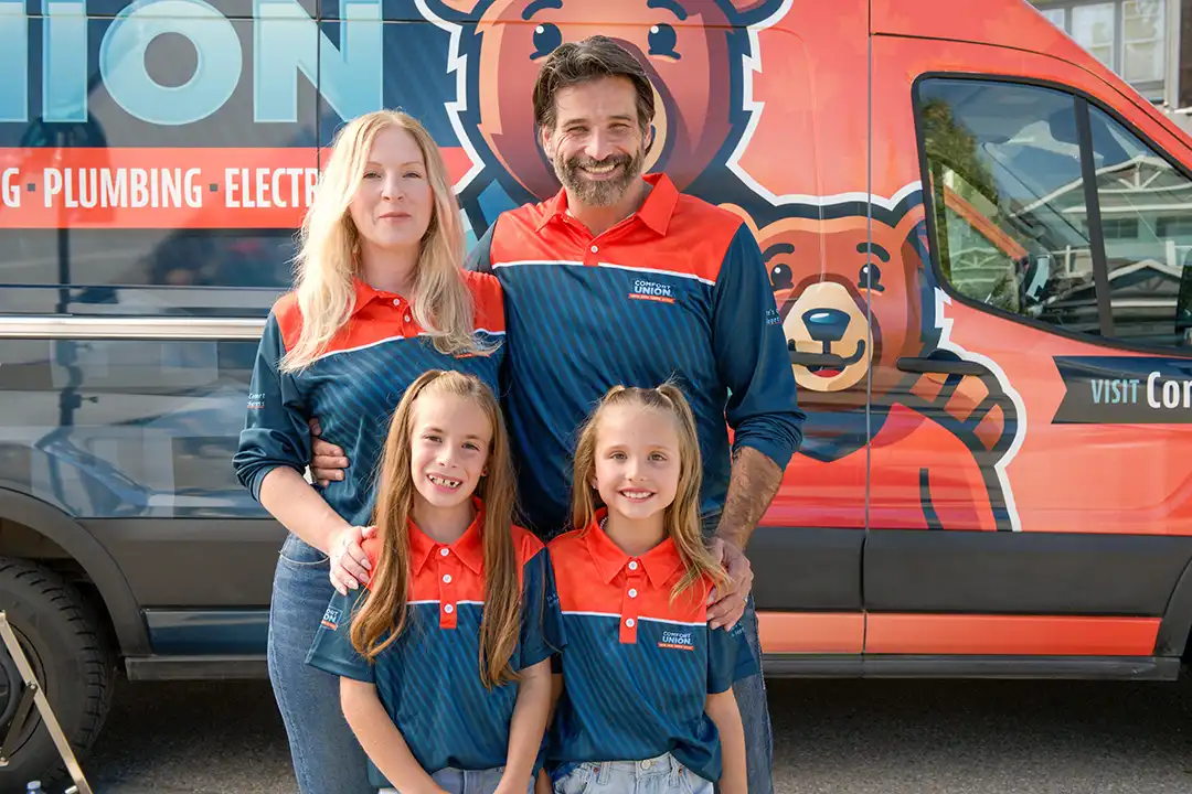Happy Comfort Union HVAC family smiling together, delivering trusted heating and cooling services