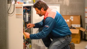 CU HVAC technician installing a new high-efficiency furnace in Calgary