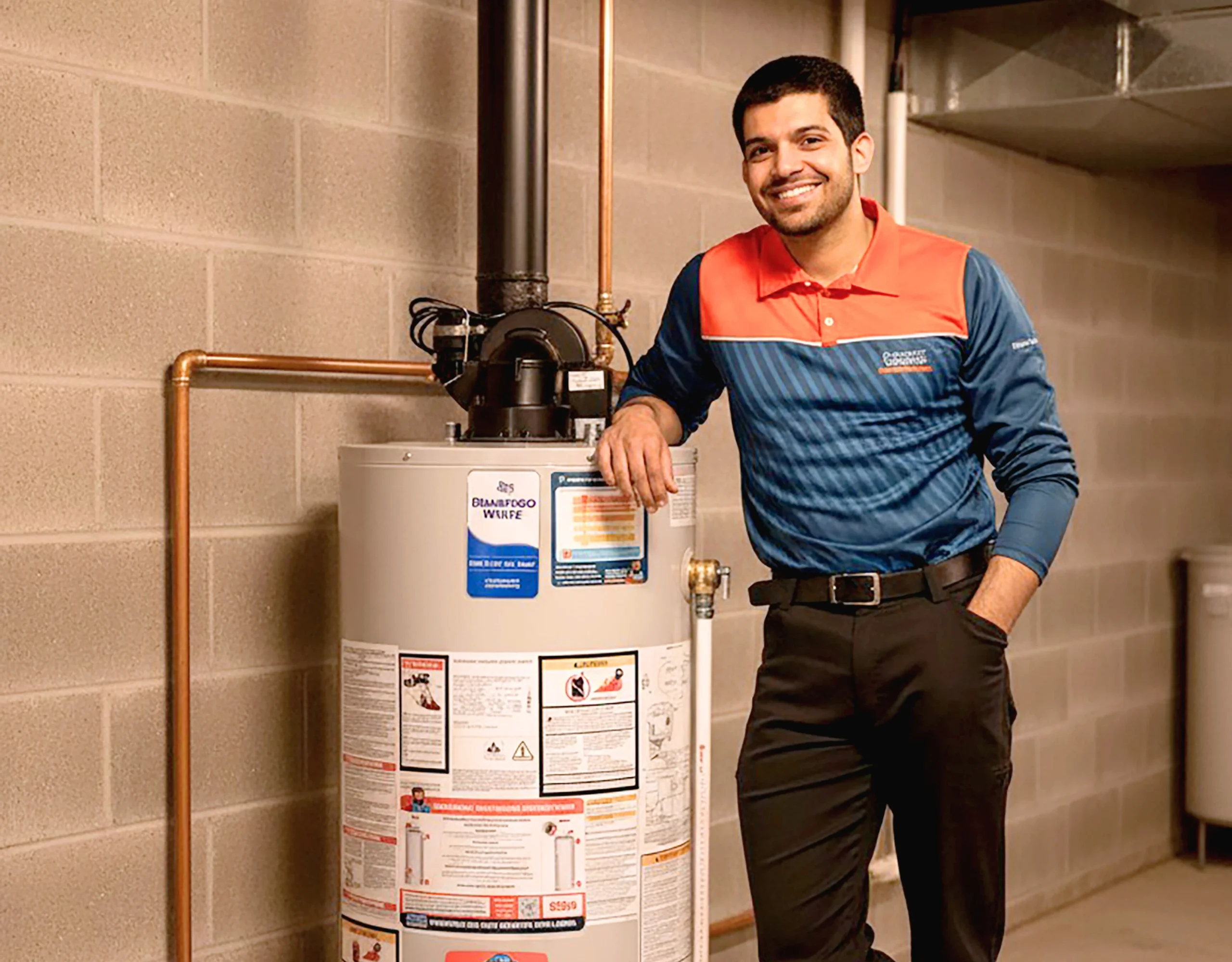 A Calgary technician installing a Navien NPE-A2 tankless water heater