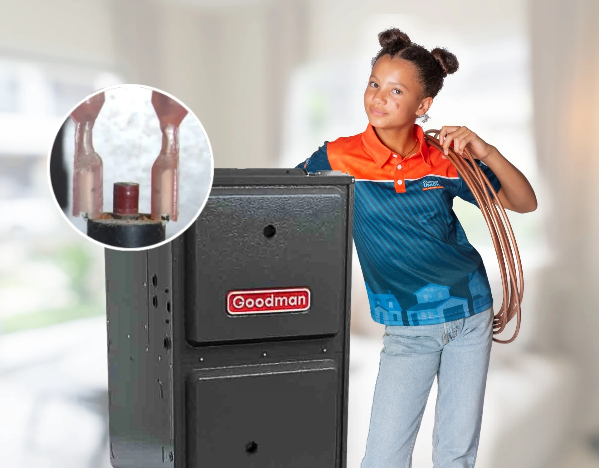 Showing the reset button on a Goodman furnace inside a Calgary home