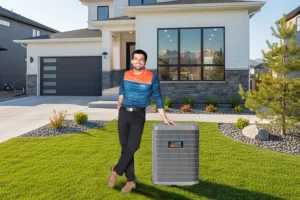 A Technician in Calgary showcasing five top air conditioner brands