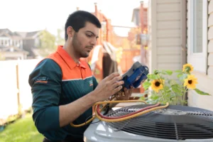 HVAC technician inspecting an aging outdoor AC condenser