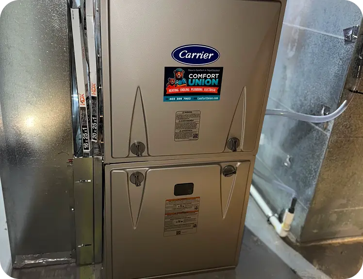 High efficiency Carrier furnace installation in Calgary residence for reliable heating