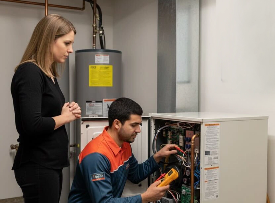 Calgary homeowner inspecting furnace pilot light for repair warning signs