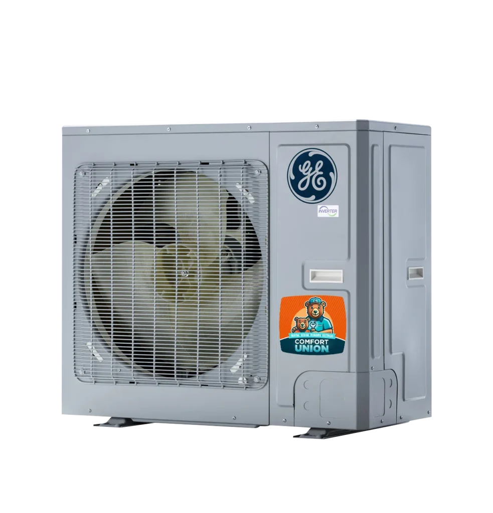 GE Appliances mid-range heat pump unit for Calgary homes, installed by The Comfort Union for efficient shoulder season heating and cooling.