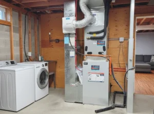 Showing an installed air handler unit in a Calgary home with boiler