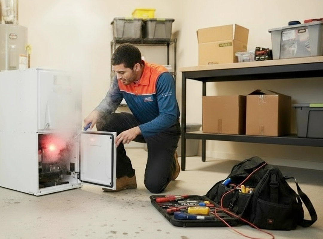 Calgary HVAC technician repairing a gas furnace in a snowy winter home