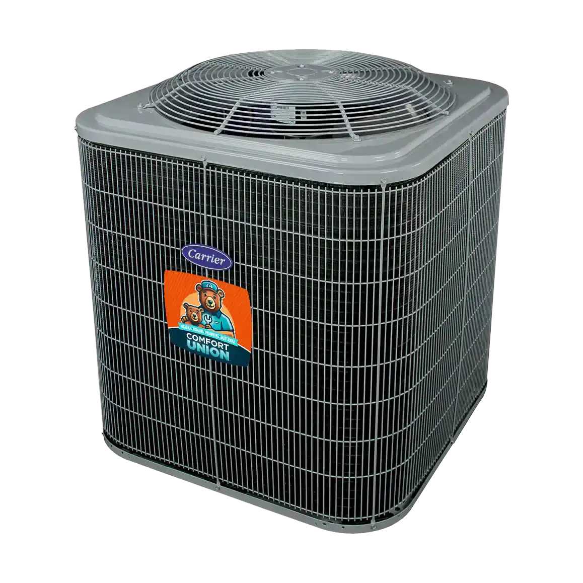 Carrier Comfort 15 air conditioner with 16.5 SEER2 rating, a budget-friendly and reliable cooling option in Calgary by Comfort Union.