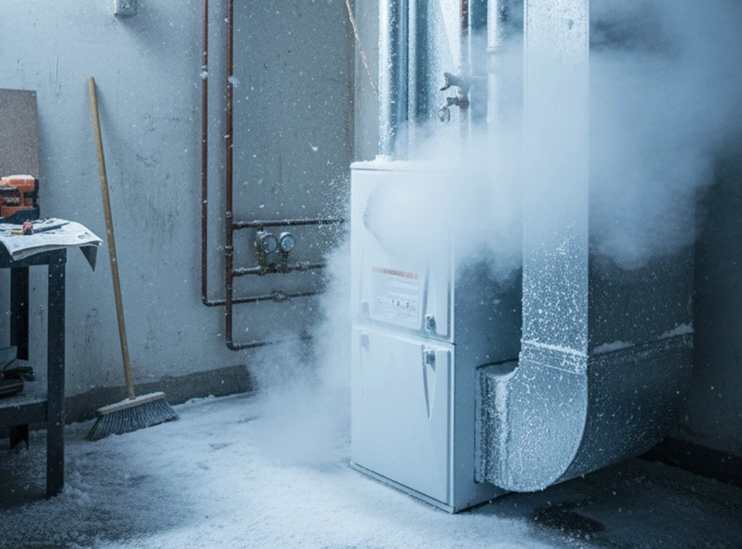 Calgary HVAC technician inspecting a furnace blowing cold air during winter