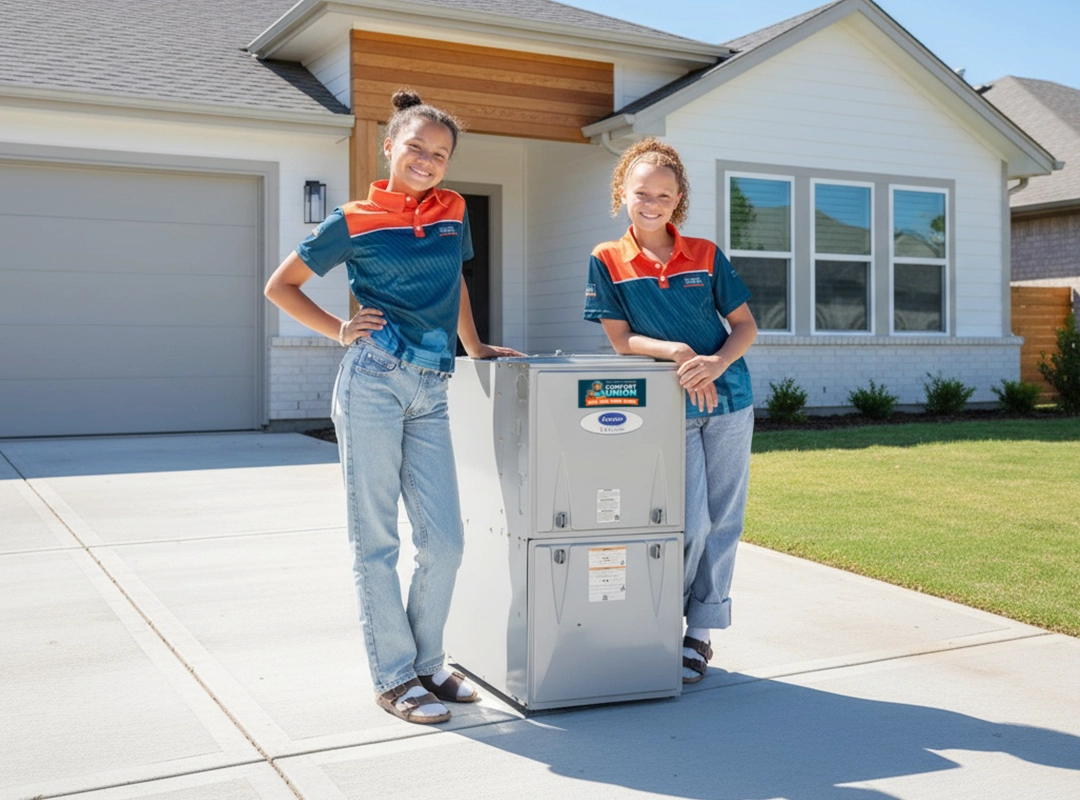 Comfort Union HVAC technician installing a high-efficiency furnace in a Calgary home