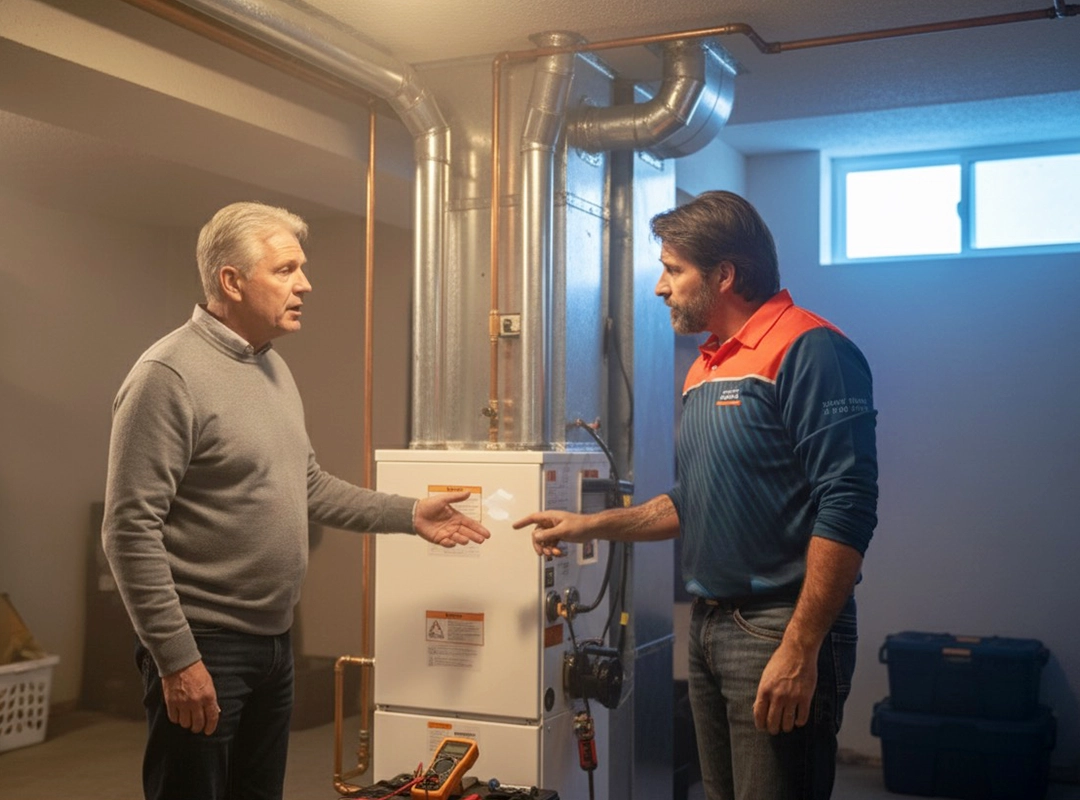 Calgary HVAC technician inspecting furnace during winter