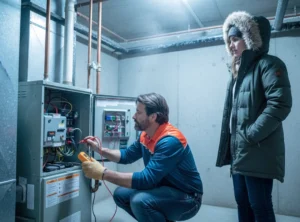 Calgary HVAC technician repairing a gas furnace ignition system in winter