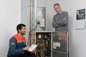 Comfort Union HVAC technician inspecting an aging furnace in a Calgary home