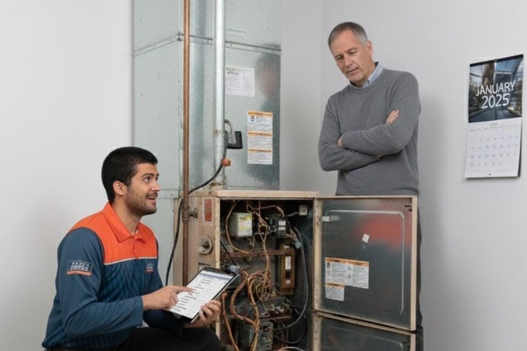 Comfort Union HVAC technician inspecting an aging furnace in a Calgary home