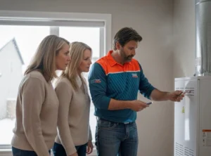 Calgary homeowner checking thermostat and furnace filter during short cycling issue