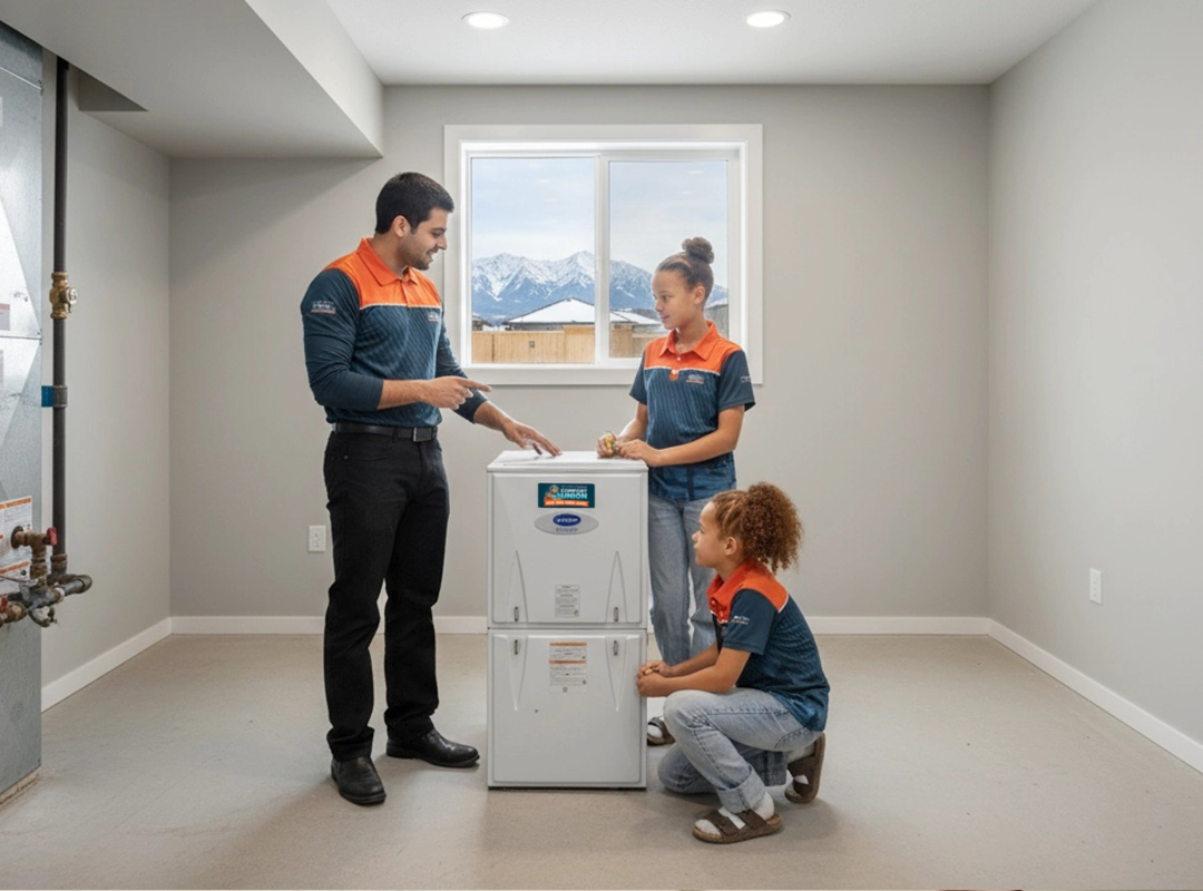 Comfort Union technician performing furnace sizing and efficiency check in Calgary