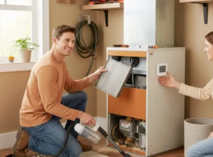 Homeowner doing DIY furnace tune-up tasks in Calgary
