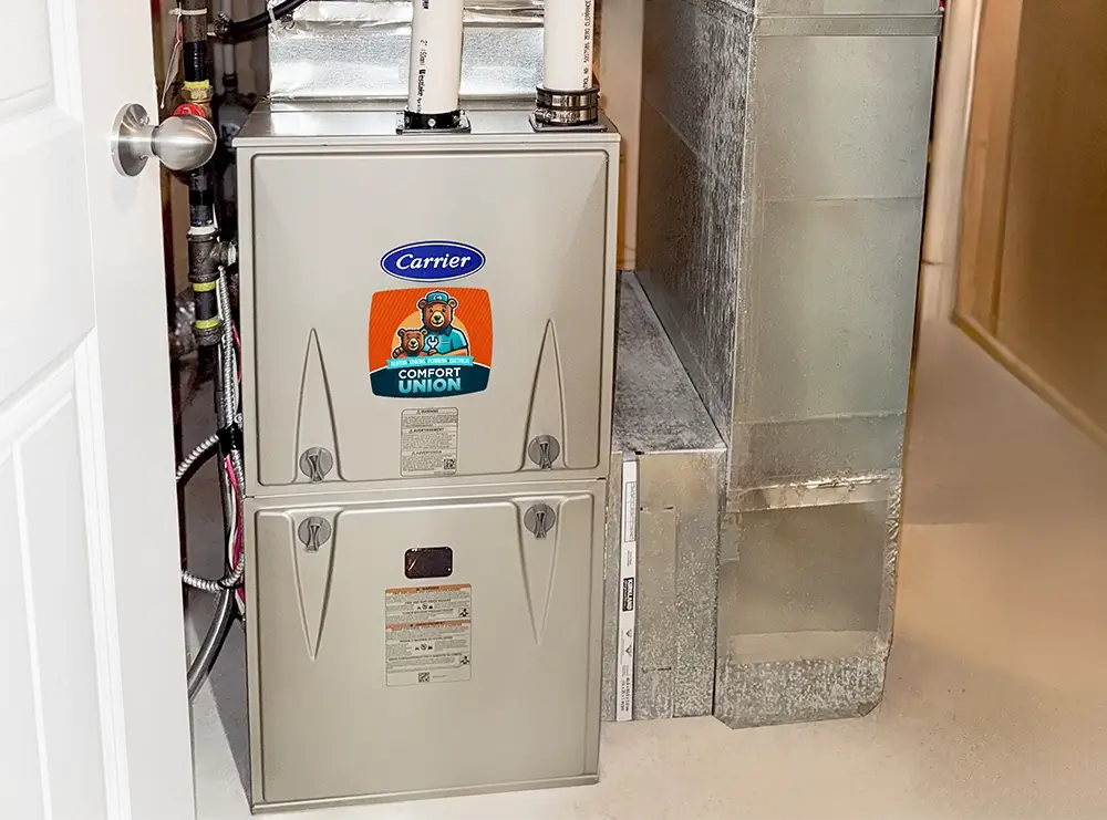 Comfort Union technician with installed Carrier furnace in Calgary