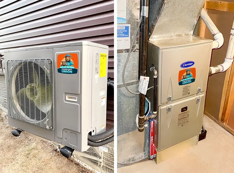 Comparison of an outdoor heat pump unit and indoor gas furnace for a hybrid HVAC system installation in Calgary by The Comfort Union.