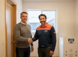 Technician repairing furnace in a Calgary home