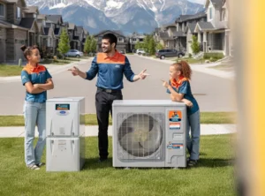 Furnace and heat pump side-by-side in Calgary home