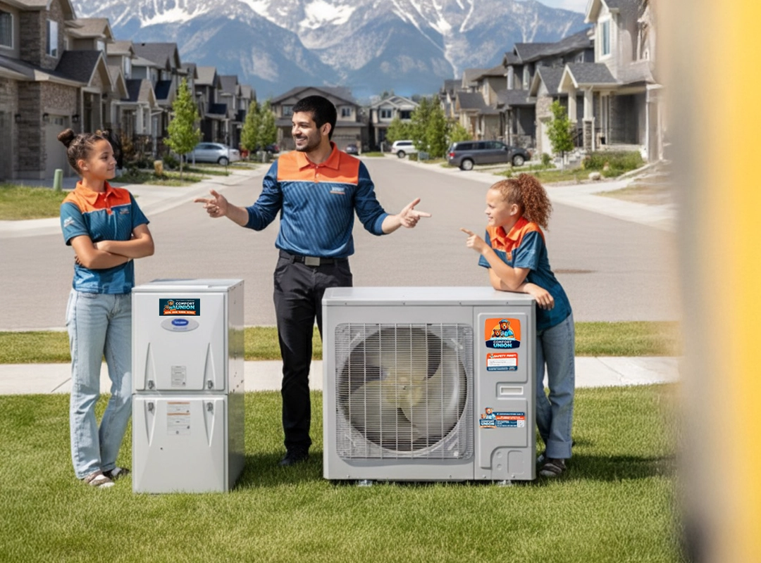 Furnace and heat pump side-by-side in Calgary home