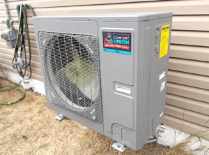 Heat pump unit in a Calgary winter setting