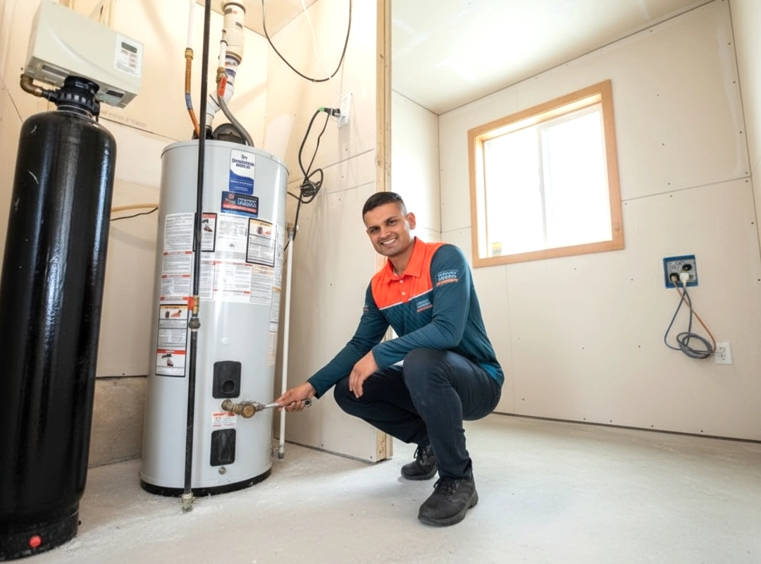 technician repairing a Calgary water heater unit