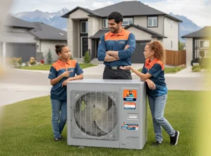 Heat pump unit installed outside a Calgary home