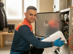 Furnace filter being replaced in Calgary home