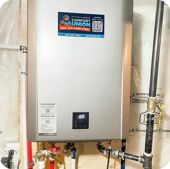 front view of tankless water heater installed in calgary by comfort union