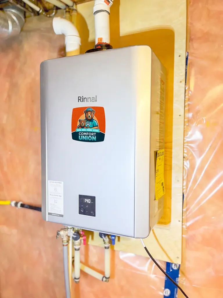 Wall-mounted tankless heater installation in Calgary property