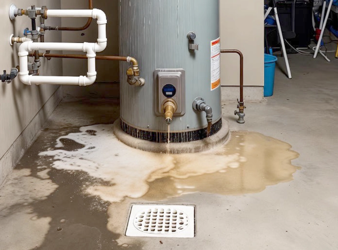 rusty failing hot water tank leaking in basement