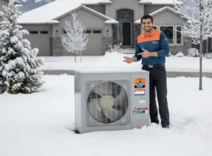 Cold-climate heat pump running in Calgary winter