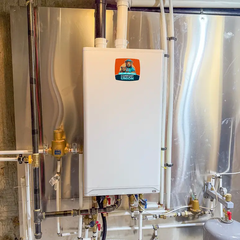 New high-efficiency boiler installed by Comfort Union technician in a Calgary residence.