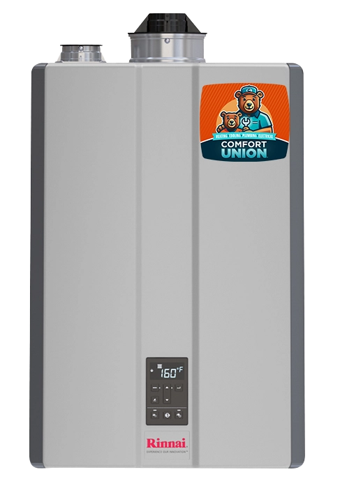 Tankless Rinnai water heater offered by Comfort Union for Calgary homeowners
