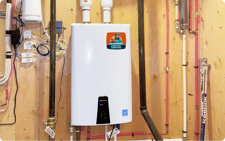 Comfort Union technician's Navien NPE-240A2 tankless water heater installation in a Calgary home